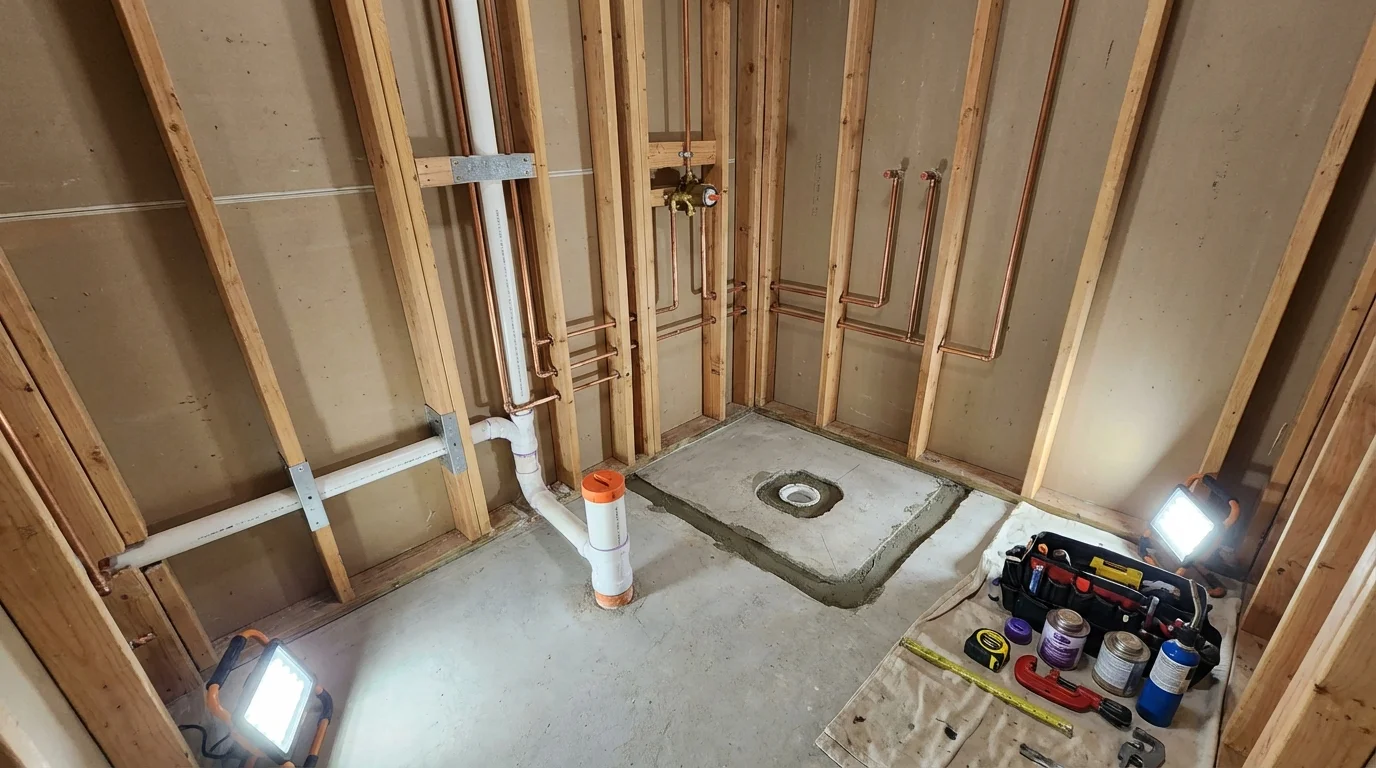 Bathroom rough-in plumbing during remodel by Johns Plumbing LLC in Waipahu