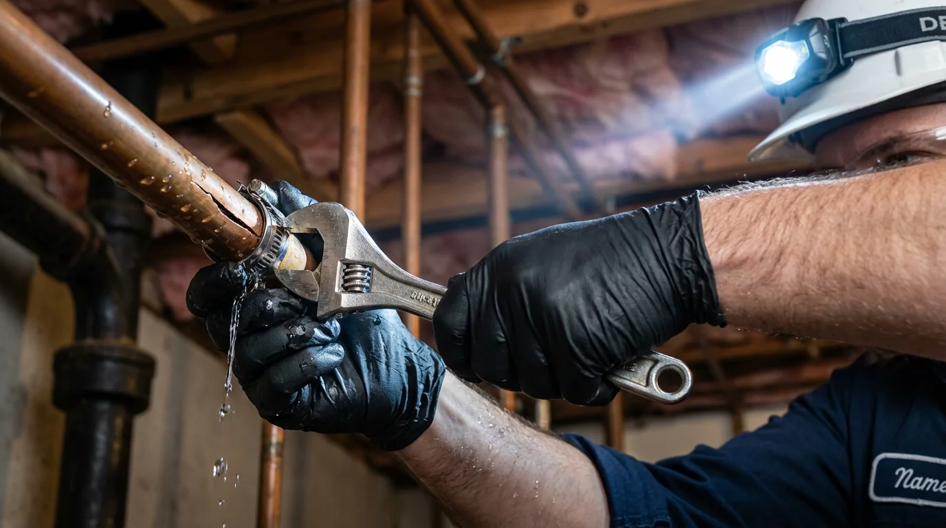Emergency pipe clamp repair being performed by a Johns Plumbing LLC plumber in Waipahu