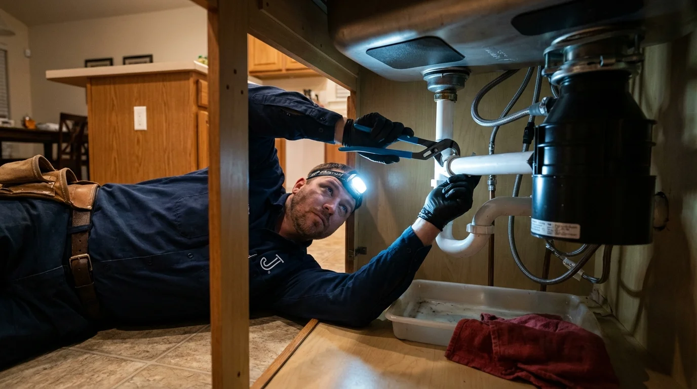 P-trap and supply line connections under a kitchen sink showing a common leak point in Waipahu, HI